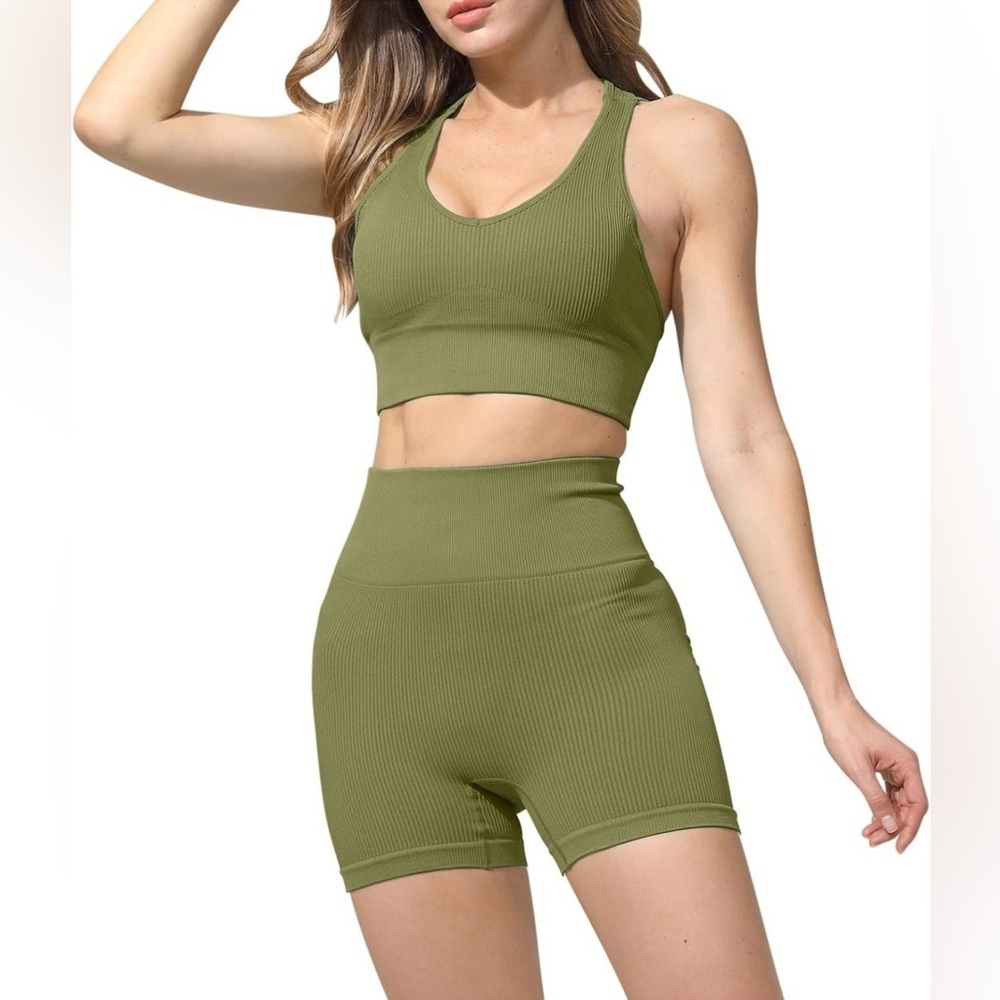 Qinsen Women's Workout 2 Piece SetBack Crisscross Backless Elastic Waist